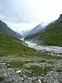 Zufluss der Dranse de Bagnes in den Lac de Mauvoisin mit fluvialen Sedimentablagerungen