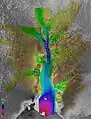 Satellitenaufnahme Lambertgletschers mit farblich markierten Fließgeschwindigkeiten
