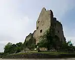 Bild 1: Blick auf die Nordseite und die östliche Giebelseite des Palas der Oberburg. An die Giebelseite des Hauptgebäudes schließt sich die hohe Ringmauer an, links im Hintergrund die Burgkapelle der Unterburg.