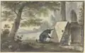 Landschaftsmaler beim Malen unter einem Baum bei zwei Säulenfragmenten. (1797)