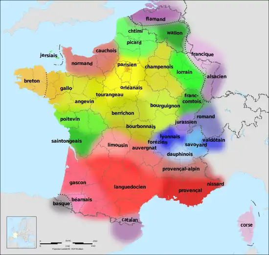Grafische Karte Frankreichs mit den eingetragenen Dialekten, deren Grenzen fließend ineinander gehen.
