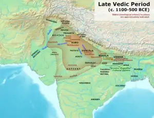Späte vedische Zeit mit den Grenzen von Āryāvarta und den Janapadas in Nordindien: die eisenzeitlichen Königreiche Kuru-Panchala, Kosala, Videha, 1100-500 v. Chr.