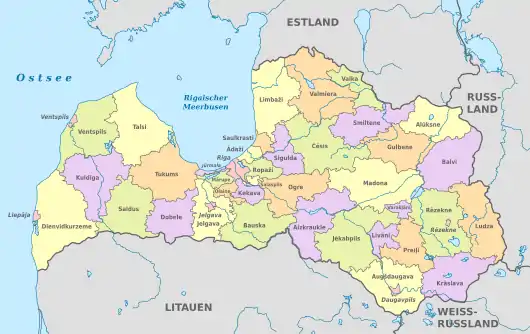 Grafische Karte von Lettland mit allen Verwaltungsbezirken und den umliegenden Staaten.