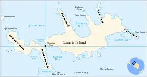 Karte von Laurie Island mit der im Süden gelegenen Scotia Bay