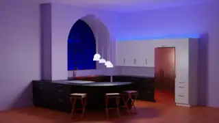 Stimmung: Blaues Grundlicht (auf den Ober- und Hoch­schränken, linear)
