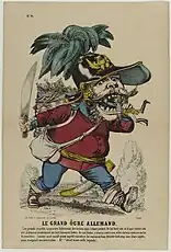 In der französischen Karikatur hält ein riesenhafter König Wilhelm I. in einer Kiepe mehrere deutsche Fürsten gefangen. Er führt ein großes Messer mit sich und ist im Begriff, das erste gekrönte Haupt zu verspeisen. Die Karikatur spielt auf die preußischen Annexionen 1866 an. „Le grand ogre allemand“ (Der große deutsche Menschenfresser, Darstellung von Alphonse Lévy, Musée des Civilisations de l'Europe et de la Méditerranée)