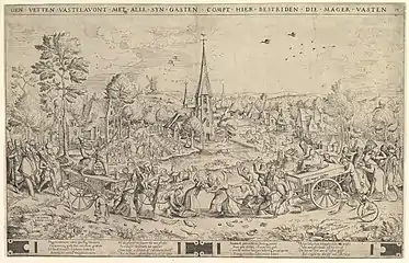 Kampf von Fasten und Karneval, Hieronymus Cock nach Frans Hogenberg 1558