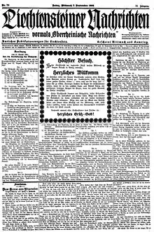 Fotografie der Titelseite der Erstausgabe der Liechtensteiner Nachrichten vom 3. September 1924.