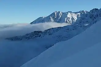 Blick vom Pass in das Tal Dolina Gąsienicowa im Winter