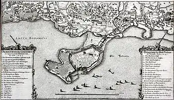 Karte der Insel Lindau von 1650, zeigt die Belagerung von 1647