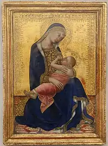 Linkes Bild: Lippo Memmis Jungfrau Maria mit Kind, 1340–1350 zeigt einen Tierteppich mit zwei gegenüberstehenden Vögeln neben einem BaumRechtes Bild: Anatolischer Tierteppich, ca. 1500, aus der Kirche von Marby, Schweden