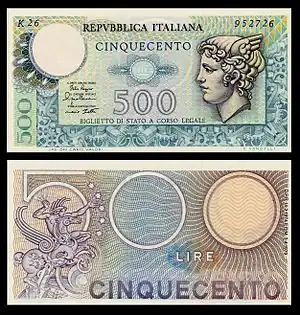 Merkur auf der Vorderseite der letzten italienischen 500-Lire-Banknote
