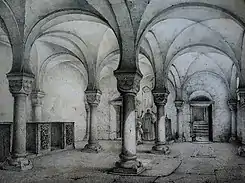 Krypta im Westbau, Blick nach Nordosten, Lithographie von 1843