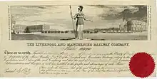 Gründeraktie der Liverpool and Manchester Railway Company, gedruckt auf Pergament, ausgegeben am 28. Dezember 1826.