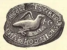 Abbildung des Siegels der Stadt Liverpool aus dem 13. Jh. (verloren im Englischen Bürgerkrieg). Das ovale Siegel zeigt einen Alken-artigen Vogel mit einem Zweig und einem Halbmond und Stern, umrandet durch einen Schriftzug.