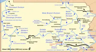 Karte der Kanäle in Pennsylvania. Der Conewago-Kanal befand sich beim roten Pfeil