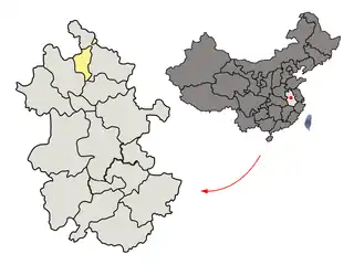 Lage der bezirksfreien Stadt Huaibei (gelb) in Anhui