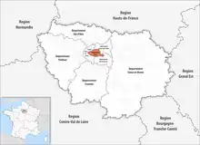 Grafik der Region Île-de-France mit seinen acht Départements, in deren Mitte das Département Paris liegt. Die fünf angrenzenden Regionen sind eingezeichnet. Unten links ist in einem Feld Frankreich mit rot markierter Île-de-France.