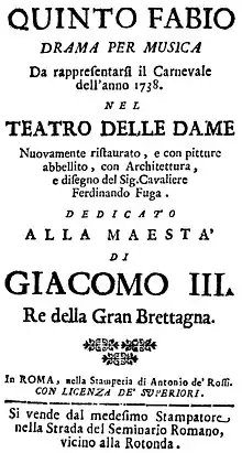 Nicola Logroscino – Quinto Fabio Titelseite des Librettos – Rom 1738