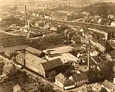 Meller Möbelfabrik (vorn), Gebr. Kruse (Mitte), W.Melchersmann (hinter dem Bahndamm) 1956