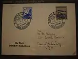 Brief an Bord der Hindenburg geschrieben. Stempel: DEUTSCHE LUFTPOST EUROPA - NORDAMERIKA / LUFTSCHIFF HINDENBURG / 1.7.1936 / 4. FAHRT