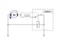 Schema Märklin-All­strommotor mit zwei Feldspulen und Fahrt­richtungsschalter mit Schaltwippe 20824, wie er ab 1957 einge­baut wurde. Fahrtrichung in die eine Richtung, 2024