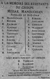 Gedenktafel in Valence für die Mitglieder der Manouchian-Gruppe