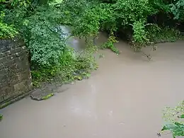 Die Mündung des Zimmerbaches (von links oben) in die Starzel (von links unten nach rechts oben) bei Hochwasser