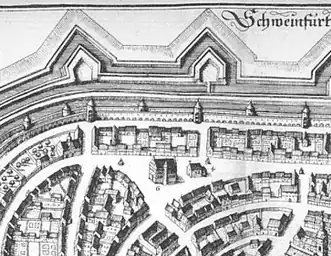 Stadtplan von M. Merian.Rechts Kilianskapelle (ab 1563 Gießhaus) links Zeughaus.1656