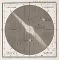 Zeichnung des Andromeda­nebels sowie der nahegelegenen Nebel M32 (unterhalb) und M110 (rechts oberhalb), Charles Messier, 1807