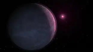 Eine künstlerische Impression von MOA-2007-BLG-192Lb, der seinen Zwergstern umkreist.