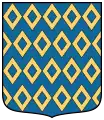 Blau, mit Fensterrauten (balken­weise aneinander­stoßend) besät (heraldisches Muster)