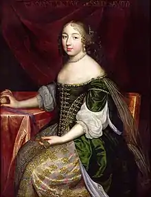Charles Beaubrun: Françoise Madeleine d'Orléans, Herzogin von Savoyen, ca. 1655-1660. Ein sehr prächtiges Gewand: unter einem dunkelgrünen Seiden-Manteau mit fliederfarbenen Aufschlägen ein Rock aus perlmutten schillerndem rosa-gemustertem Satin mit Goldstickereien. Überall Perlen: an Hals, Ohren, im Haar, an Mieder und am Ausschnitt.