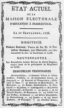Flugblattwerbung für das Maison Electoral d’Éducation (1786) mit einem Verzeichnis der Pensionärinnen und des Personals