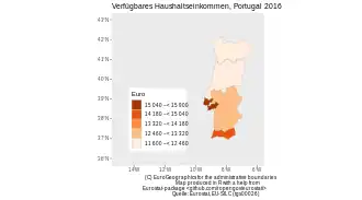 Verfügbares Haushaltseinkommen in Portugal nach NUTS2 Regionen im Jahr 2016. Die einkommensschwächsten Regionen befinden sich im Norden. Die reichsten Regionen befinden sich um Lissabon.