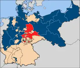 Rot: Lage der Provinz Sachsen in Preußen (blau)