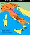  Italien im 7. Jh., seine langobardischen Bereiche (orange), byzantinischen Gebiete (gelb) und das umstrittene Exarchat von Ravenna mit dem byzantinischen Korridor (rosa)