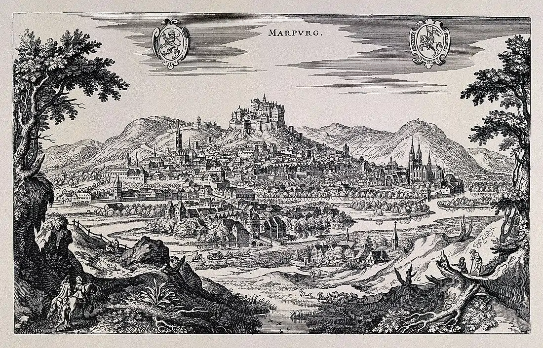 Links ein niedriges Lahnwehr südlich eines Stadttors und am Westufer eine Mühle mit vier in einer Reihe angeordneten Mühlrädern direkt am Fluss und Nebengebäuden links. Flussaufwärts weiter rechts die spätmittelalterliche Weidenhäuser Brücke und Häuser von Weidenhausen davor. Zwei Seitenarme der Lahn, einer fließt in der historischen Stadtansicht um Weidenhausen herum, der zweite parallel zur heutigen Lahn durch den Süden von Weidenhausen, ein kleineres Gebäude am Wehr, etwa auf Höhe der späteren Hirsemühle.