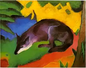 Franz Marc: Blauschwarzer Fuchs, 1911. Das Tier wird durch die Kontraste der annähernd reinbunten Umgebungsfarben eingefangen (charakterisiert).[1]