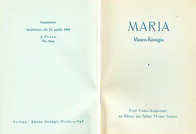 Andachtsheft für Maiandachten aus dem Verlag Stangl, Weiden/OPf. 1949.