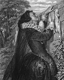 Maria Stuart aus Friedrich Schillers Drama Maria Stuart, als Stahlstich gestochen um 1859 nach einer Zeichnung von Arthur von Ramberg