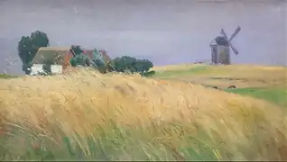 Pommersche Sommerlandschaft mit Windmühle und zwei Häusern (1897)