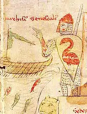 Markward von Annweiler mit einem Normannenschild samt Wappen (Liber ad honorem Augusti sive de rebus Siculis, 1196)