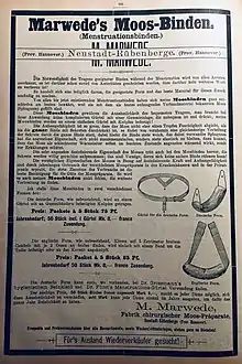 Ganzseitige Anzeige für Damenbinden aus Moos aus dem Jahr 1890