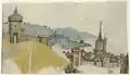 Blick auf eine befestigte Stadt in einer Flusslandschaft (Federzeichnung, um 1485)