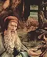 Besuch des Antonius bei Paulus, äsender Hirsch im Hintergrund