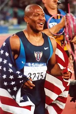 Maurice Greene. nach seinem Sieg über 100 Meter nun Doppelweltmeister – einen dritten Titel gab es am Schlusstag mit seiner Sprintstaffel