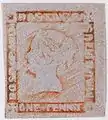 Eine 1 Penny der Druckplatte von 1848. Sehr später Druck von der stark abgenutzten Platte.