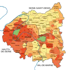 Farbig markierte Grafik der Départements Paris, Hauts-de-Seine, Val-de-Marne und Seine-Saint-Denis. Der höchste Haushaltswert liegt im Westen und im Zentrum von Paris sowie südwestlich und östlich von Paris.