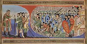Szene: Die getöteten Winzer (f. 77r, Mittelstreifen)